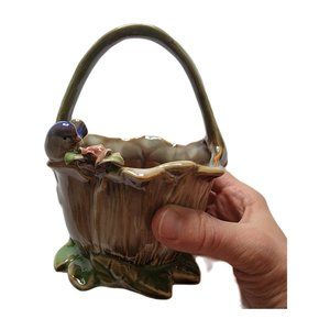 Vintage Pottery Bird Basket Planter Green, Beige, Blue & Brown
